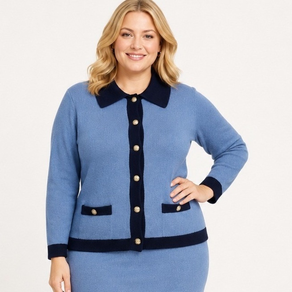 Talbots Plus Size Soft Bouclé Cardigan Sweater Tipped Moonlight Blue 3X Preppy